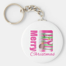 Merry Christmas Whimsical Pink Ornaments Keychain