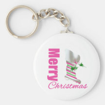 Merry Christmas Whimsical Pink Stocking Keychain