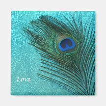 Metallic Aqua Blue Peacock Feather Fridge Magnets
