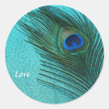 Metallic Aqua Blue Peacock Feather Round Sticker
