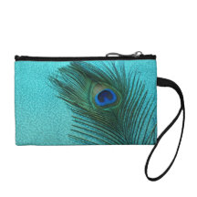 Metallic Aqua Peacock Feather Coin Purses