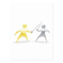 Metallic character swordfight post card