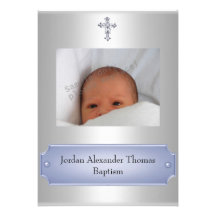 Metallic White Photo Frame Cross Baptism Blue Invitation
