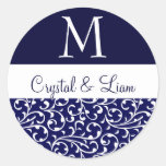 MIDNIGHT BLUE and WHITE Damask Wedding Monogram Sticker