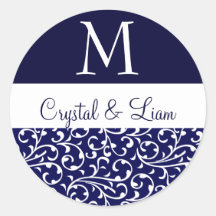 MIDNIGHT BLUE and WHITE Damask Wedding Monogram Sticker