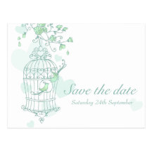 Mint birds open cage wedding save the date card post cards