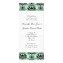 Mint & Black Damask with White Slim Wedding Invite