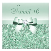 Mint Green Sequins, Bow & Diamond Sweet 16 Invite