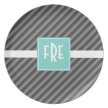 Mod Diagonal Stripe Grey with Aqua Melamine Plate