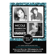 Mod Faux Aqua Blue Glitter Girl 3 Photo Graduation Custom Announcement