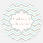 Modern baby blue, grey, ivory chevron pattern round sticker