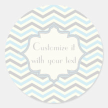 Modern baby blue, grey, ivory chevron pattern round sticker