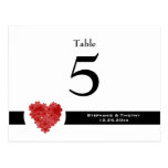 Modern black red floral heart wedding table number post card
