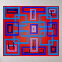 Modern blue squares on red background poster