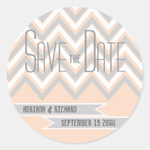 Modern chevron grey, peach wedding Save the Date Sticker