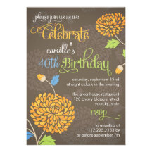 Modern Floral Orange & Brown Fancy Birthday Party Custom Invitations