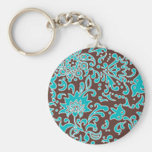 Modern Floral Retro Pattern Blue Brown Keychain