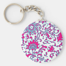 Modern Floral Retro Pattern Pink Blue White Key Chains