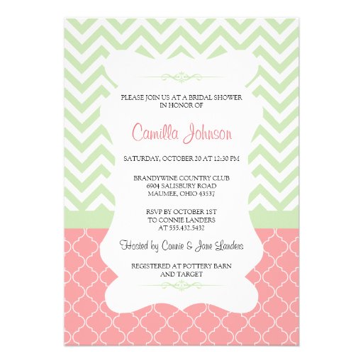 ... Green & Pink Elegant Chevron Bridal Shower Personalised Invitations