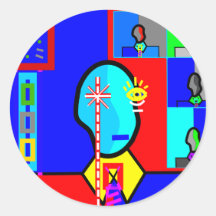 Modern man in dark blue and red stickers