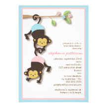 Modern Monkey Twin Girl & Boy Baby Shower Custom Invitation