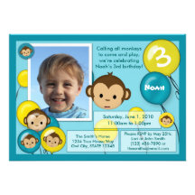Monkey birthday invitation blue yellow (photo)