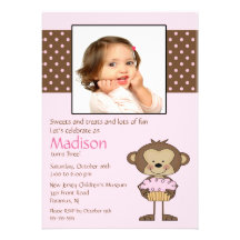 Monkey Cupcake Photo Birthday Invitation