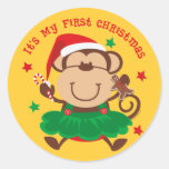 Monkey Girl 1st Christmas Round Sticker