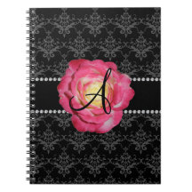 Monogram black damask pink rose notebook