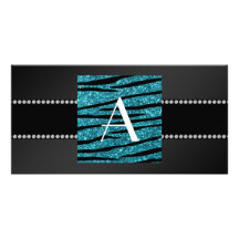 Monogram black glitter zebra stripes photo cards