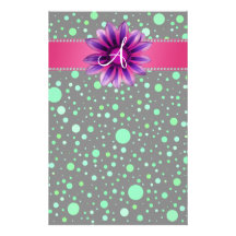 Monogram black green polka dots pink daisy stationery paper