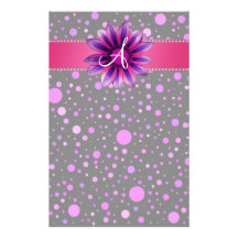 Monogram black purple polka dots pink daisy custom stationery