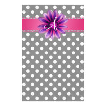 Monogram black white polka dots pink daisy stationery design
