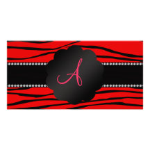 Monogram bright red zebra stripes custom photo card