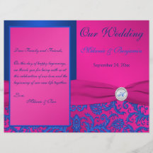 Monogram Cobalt and Fuchsia Damask Wedding Program Personalised Flyer
