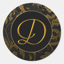 Monogram D Gold and Black Damask Wedding Seal Sticker