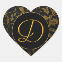 Monogram D Gold and Black Damask Wedding Seal Heart Sticker