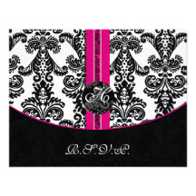 monogram damask pink rsvp cards invitation