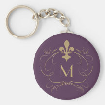 Monogram Elegant Fleur de Lis Purple Gold Keychain