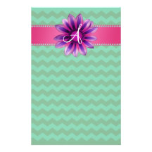 Monogram green chevrons pink daisy customized stationery