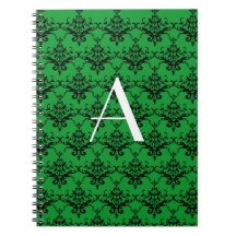 Monogram Green damask Spiral Note Book
