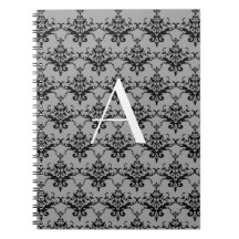 Monogram Grey damask Spiral Notebooks