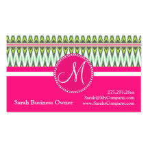 Monogram Hot Pink Green Aztec Andes Tribal Zig Zag Business Cards