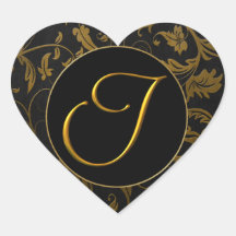 Monogram I Gold and Black Damask Wedding Seal Sticker