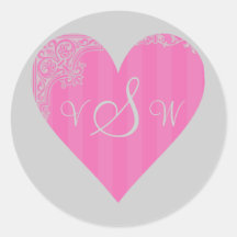Monogram/Initials - Pink & Grey Victorian Heart Stickers