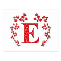 Monogram Letter E Red Leaves Postcards