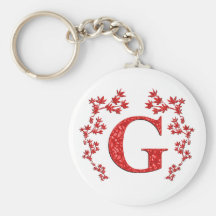 Monogram Letter G Red Leaves Keychain
