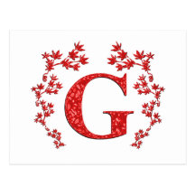 Monogram Letter G Red Leaves Post Cards