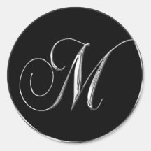 Monogram Letter M Sliver On Black Wedding Seal Round Stickers