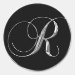 Monogram Letter R Sliver On Black Wedding Seal Round Stickers